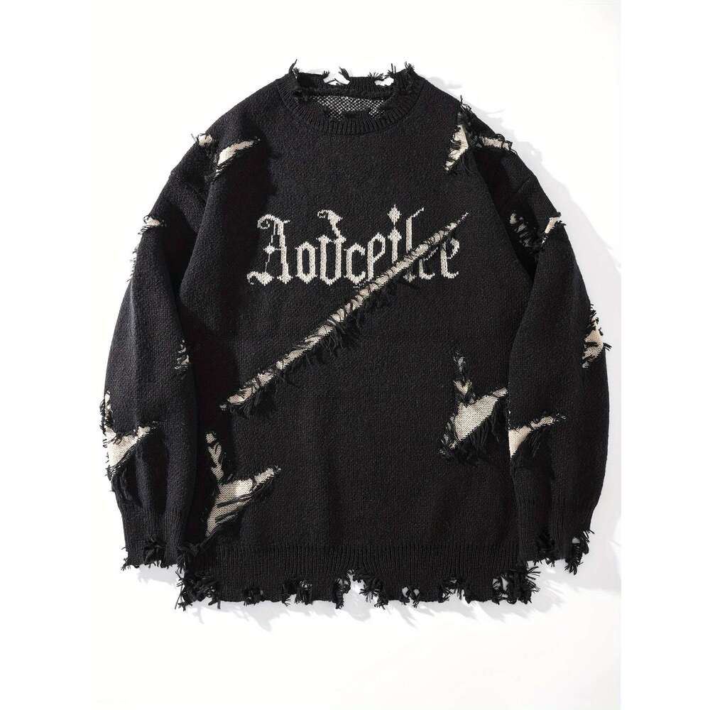 Men's Casual Streetwear Sweater - Relaxed Fit Drop Shoulder, Distressed Letter Embroidery & Ripped Details, Long Sleeve Pullover For Autumn Winte