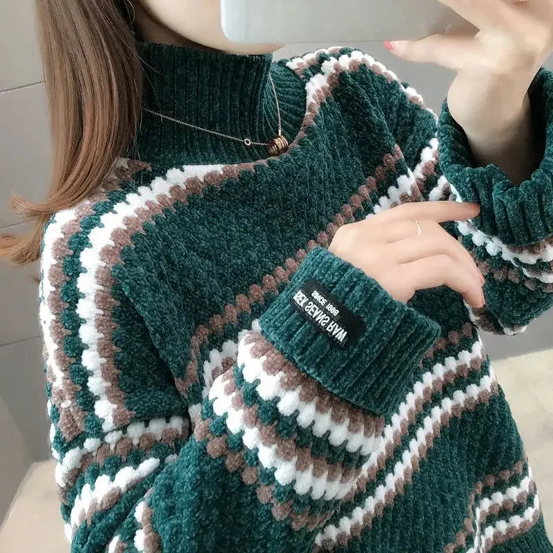 Autumn Winter Korean Style Fashionable Versatile Sweater Womens PoloTurtle Neck LooseFit Knitted Top Outer Wear 251027