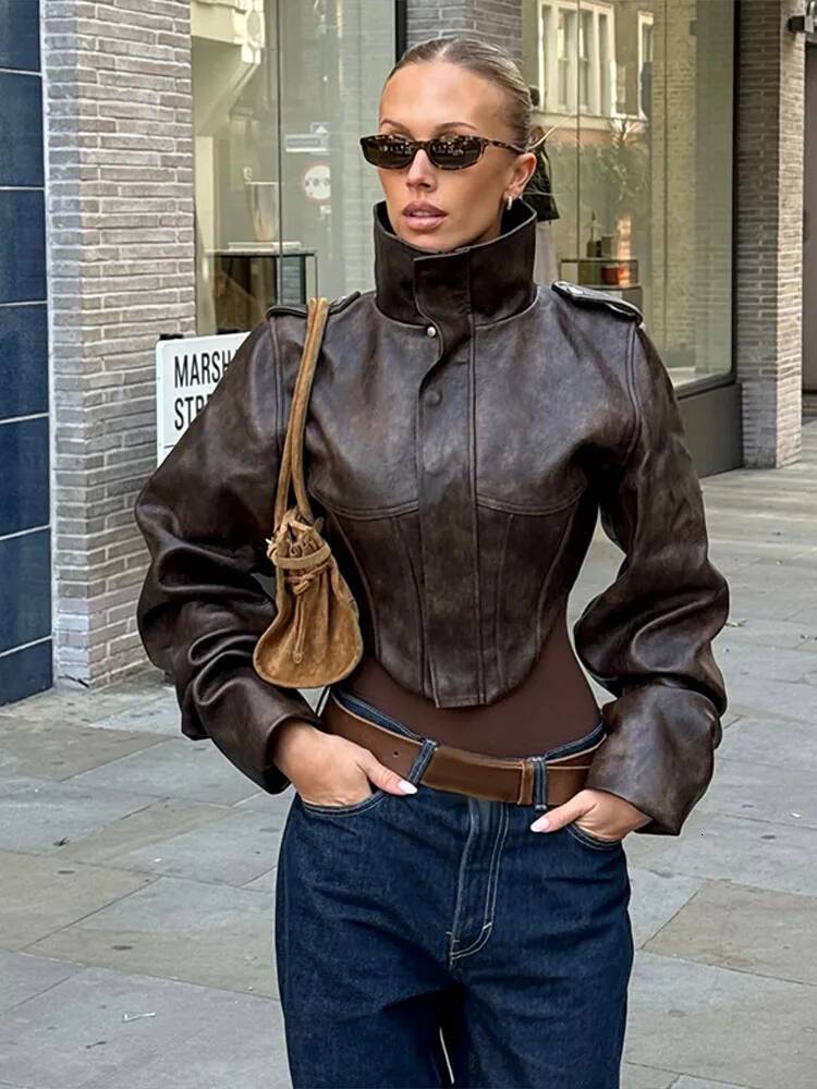 winter jacket women Vintage Women's Cropped Faux Jacket Stand Collar Balloon Sleeve Biker Style PU Leather Coat Streetwear Fashion Outfit