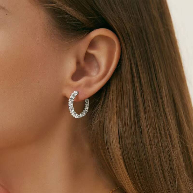 Personalization Fine Jewelry 925 Sterling Silver Oval Cut 3x5mm Moissanite Single Row Inside Out Hoop Earrings for Women