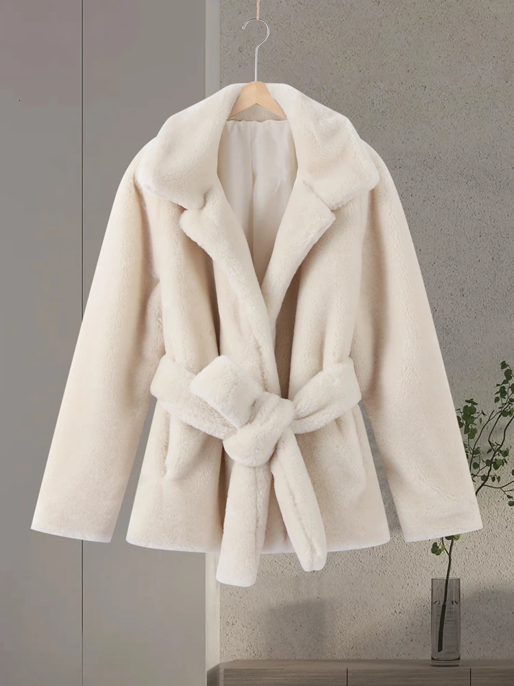 Faux Fur Jackets Women Loose Lapel Long Sleeves Belts Fluffy Thicken Coats Female Winter Chic Warm Solid Casual Outwears 251023