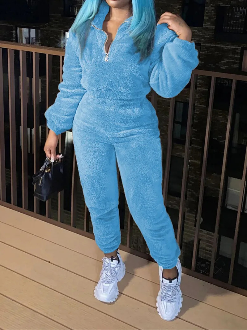 Winter Plush Two Piece Set Casual Home Warm Suit For Women Fashion Zipper Lapel Pullover Top Elastic Waist Trousers 251027