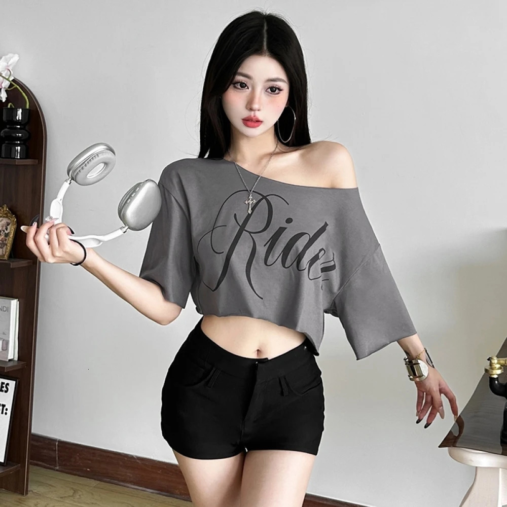 SylCue Letter Print Oversized Tshirt Women Skew Collar Short Sleeves Off Shoulders Irregular Hem Hiphop Style Trend Crop Tops 251027