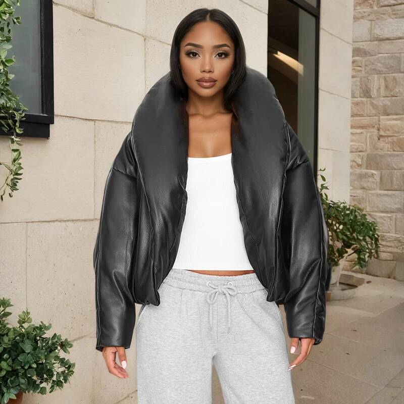 winter jacket women CUTENOVA Women'S Fall/Winter New Arrival Leather-Trimmed Stand Collar Solid Color Loose-Fit Cropped Crop Top Cotton Jacket