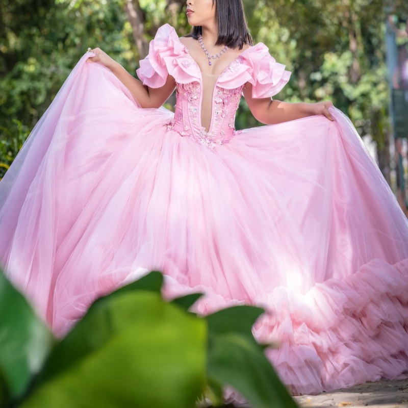 Pink Shiny Quinceanera Dresses Off The Shoulder Applique Lace Beads Tiered Tull Party Birthday Sweet 16 Dress Vestidos 15 De Anos