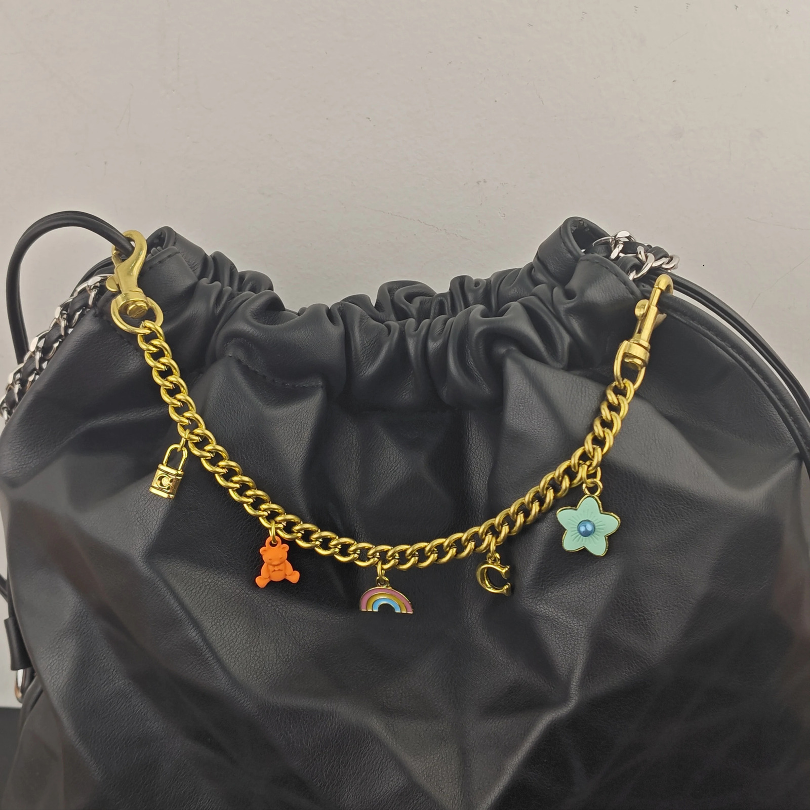 Fashionable SilverGolden Little Bear Rainbow Flower Bag Chain Charm Handbag Keychain Accessory Gift 251023