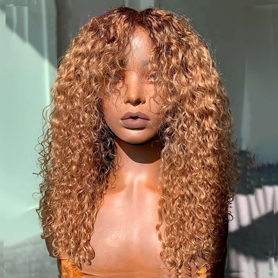 Long 26" Honey Blonde Heat Resistant Up To 356°F, Glueless Lace Front With Preplucked Hairline Bangs, 180% Density Voluminous Curly Synthetic Wig