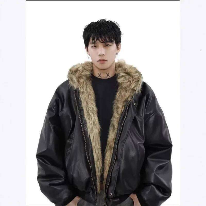 Winter High Street Leather Shaggy Patchwork Short Warm Thick Coat Hooded Fluffy Faux Fur Jacket Women Design Coats