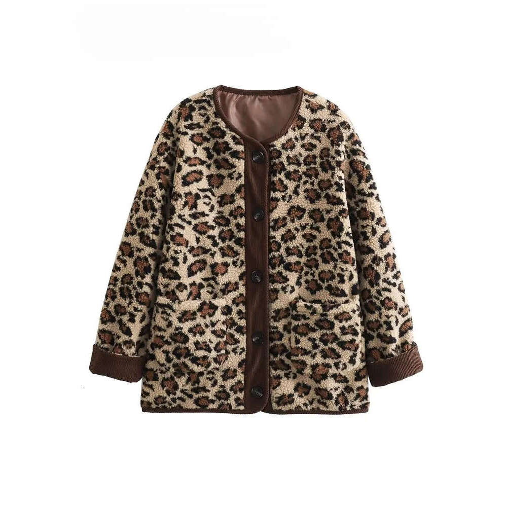 HH Women Winter Fleece Leopard Print Loose Jacket Vintage O-Neck Long Sleeves Y2k Female Casual Fuzzy Coat Outwears