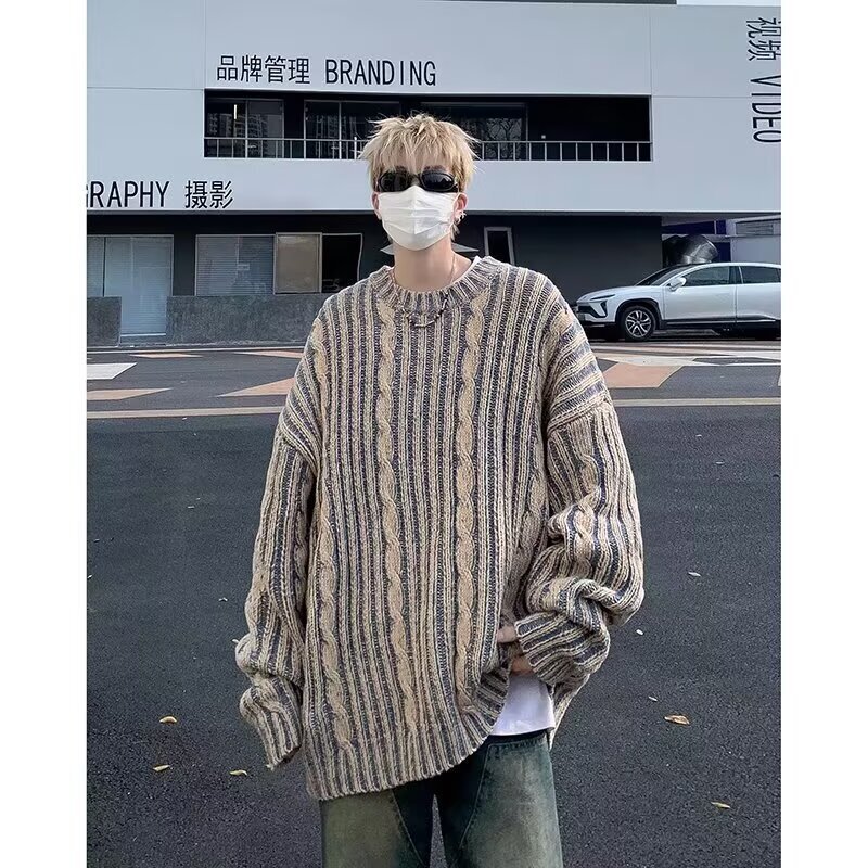 Men's High-end Sweater Autumn Winter Korean Style Striped Color-block Designer Sweater Crew Neck Casual Couple Knitwear