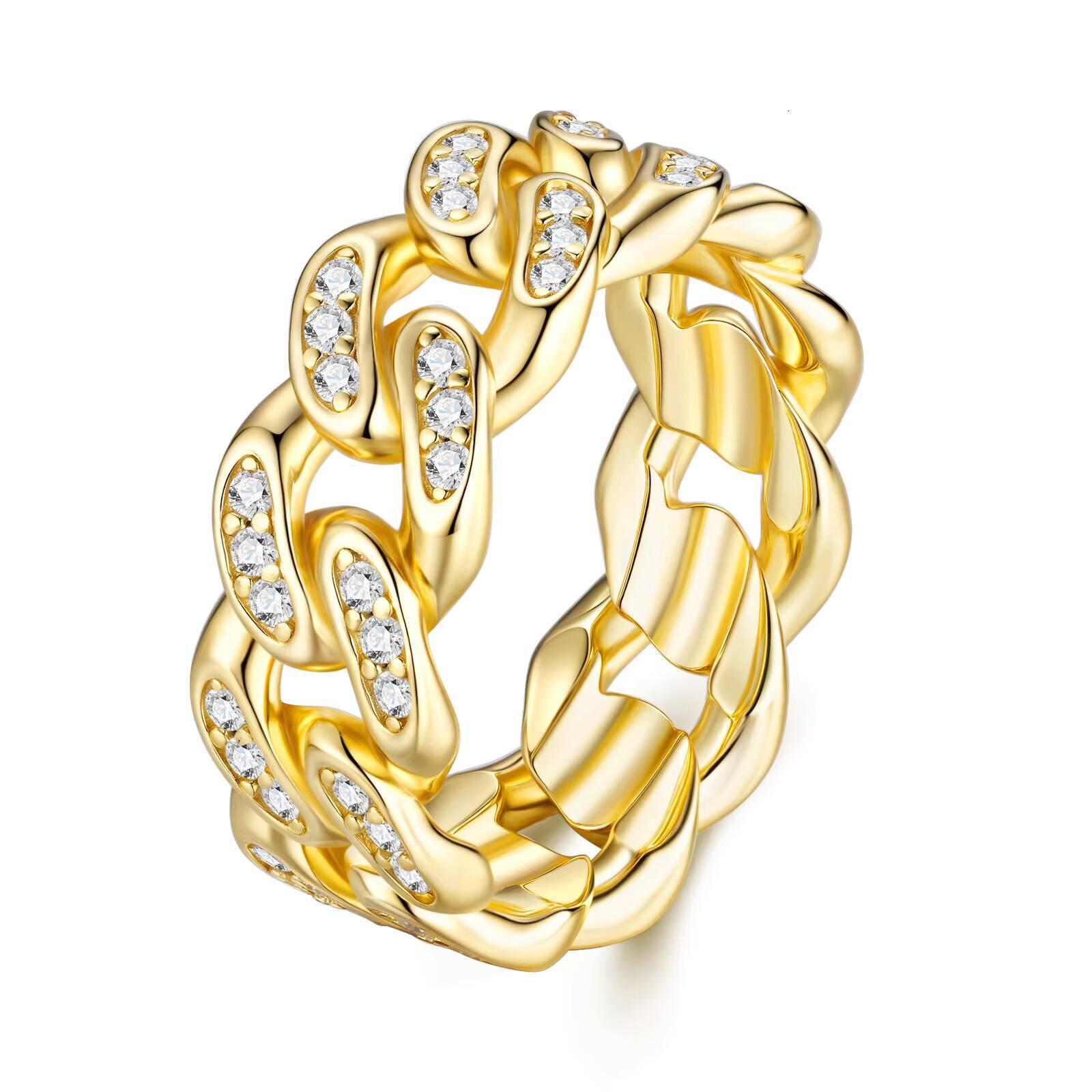 New Design Ring for Fashion Girl 18K Gold Plated Rhodium Plated Fine Women 925 Sterling Silver Cuban Link Rings with Moissanite