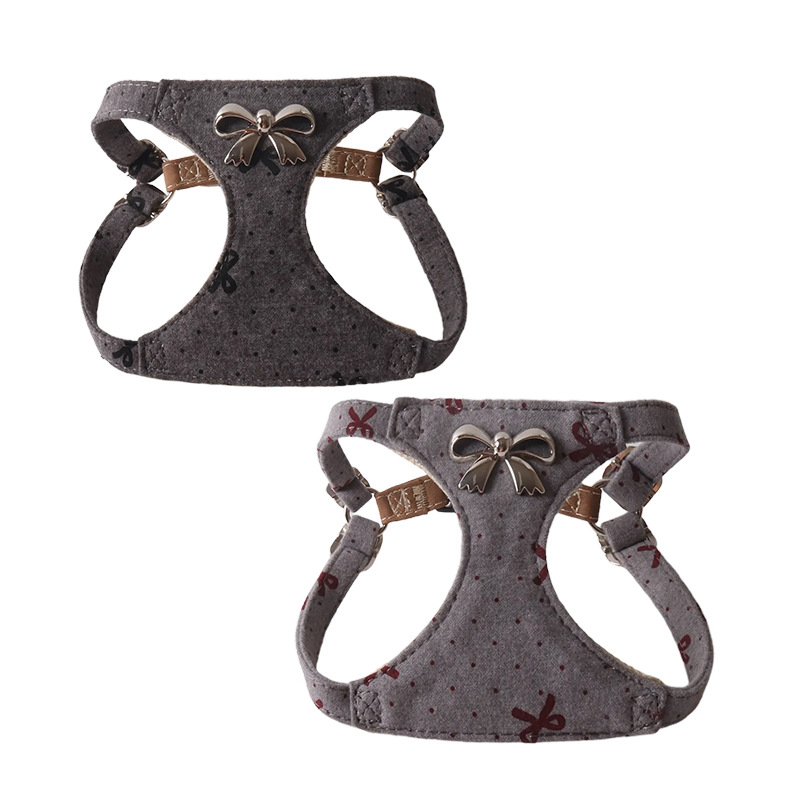 Fashionable Denim Pet Harness and Leather Set with Metal Bow Details - Adjustable Walking Vest, Suitable for pet walking sets for Small Medium Dogs B1