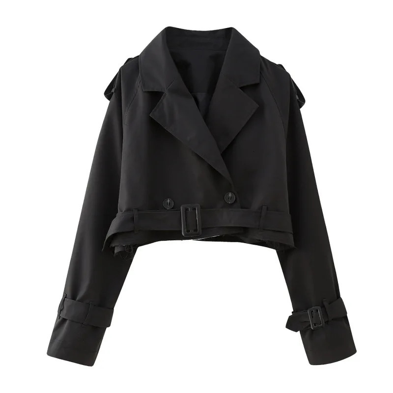 Women Fashion With Belt Cropped Trench Jacket Vintage Notched Neck Long Sleeve Female Chic Lady Coat Outfits 251013