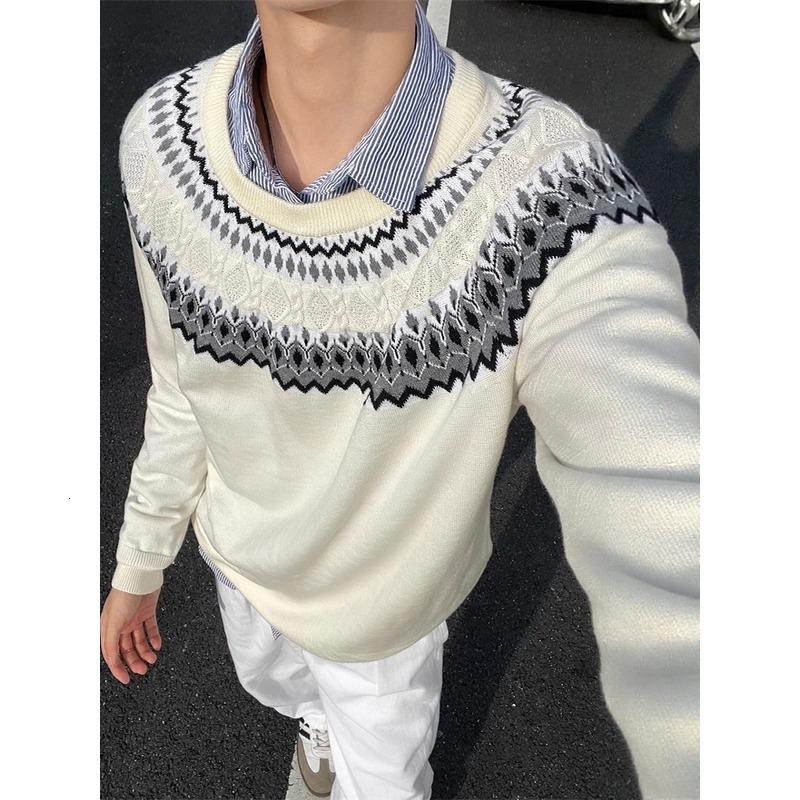 American Style Fair Isle Boxy Sweater Designer Sweater For Men Autumn High-end Cable Knit Long Sleeve T-shirt Regular Shoulder Base Shirt