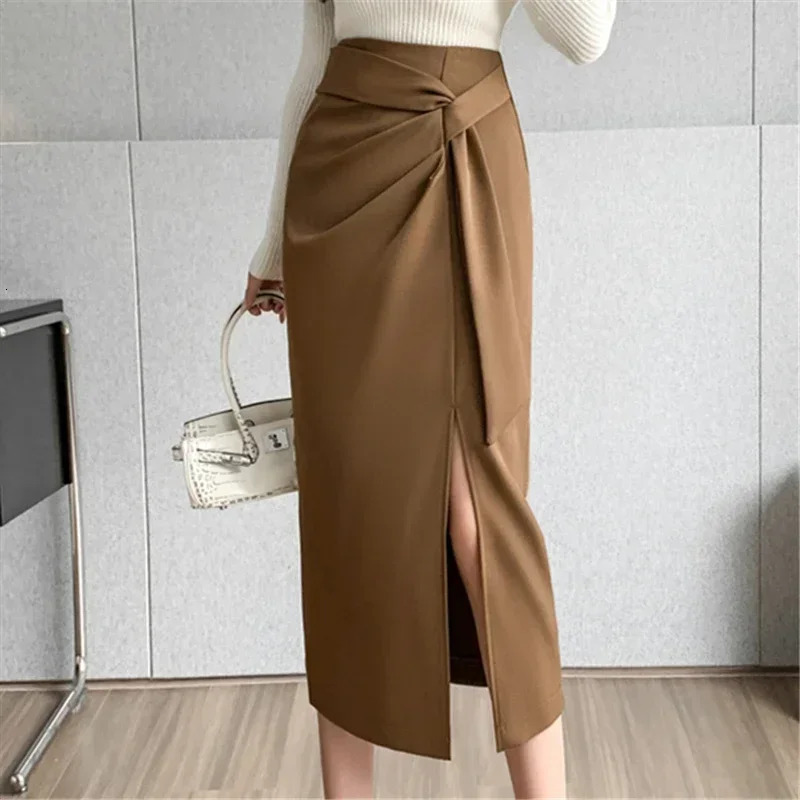 Seoulish Retro High Waist Mid Length Pencil Skirts for Women Autumn Office Lady Solid Color Wrapped Womens 251027