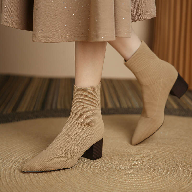 Pointed Toe Knitted Cotton Short for Women, Chunky Slim High Heel Women's Boots, Autumn Winter Boots
