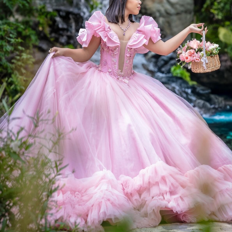 Pink Shiny Quinceanera Dresses Off The Shoulder Applique Lace Beads Tiered Tull Party Birthday Sweet 16 Dress Vestidos 15 De Anos