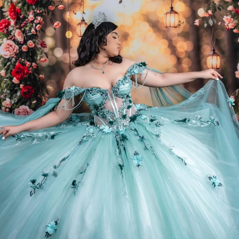 Aqua Blue Quinceanera Dresses Off The Shoulder Applique Flower Beading Crystal Tull Party Birthday Sweet 16 Dress Vestidos 15 De