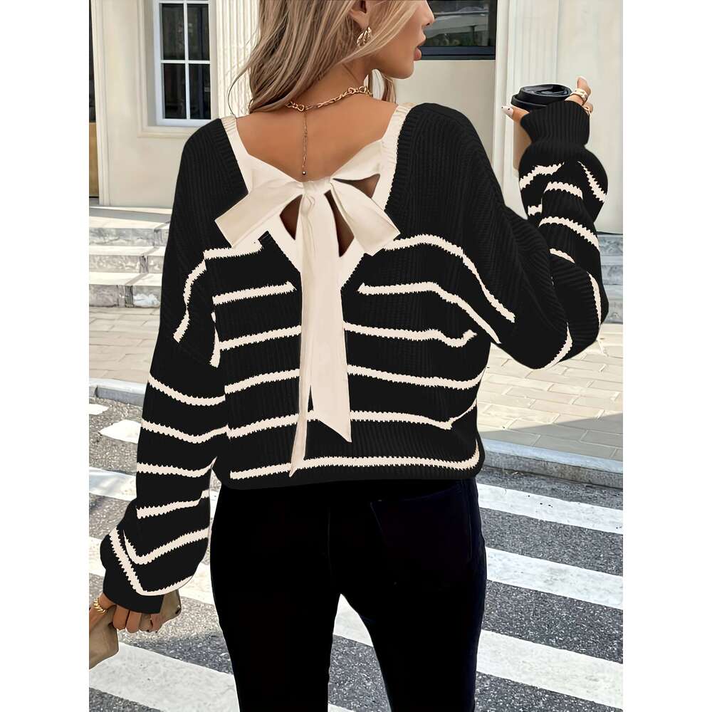 Elegant French-Inspired Elegant French-Inspired Women's V-Neck Sweater Striped Tie-Back Pullover Long Sleeve Button-Up Front Loose Fit Casual Win