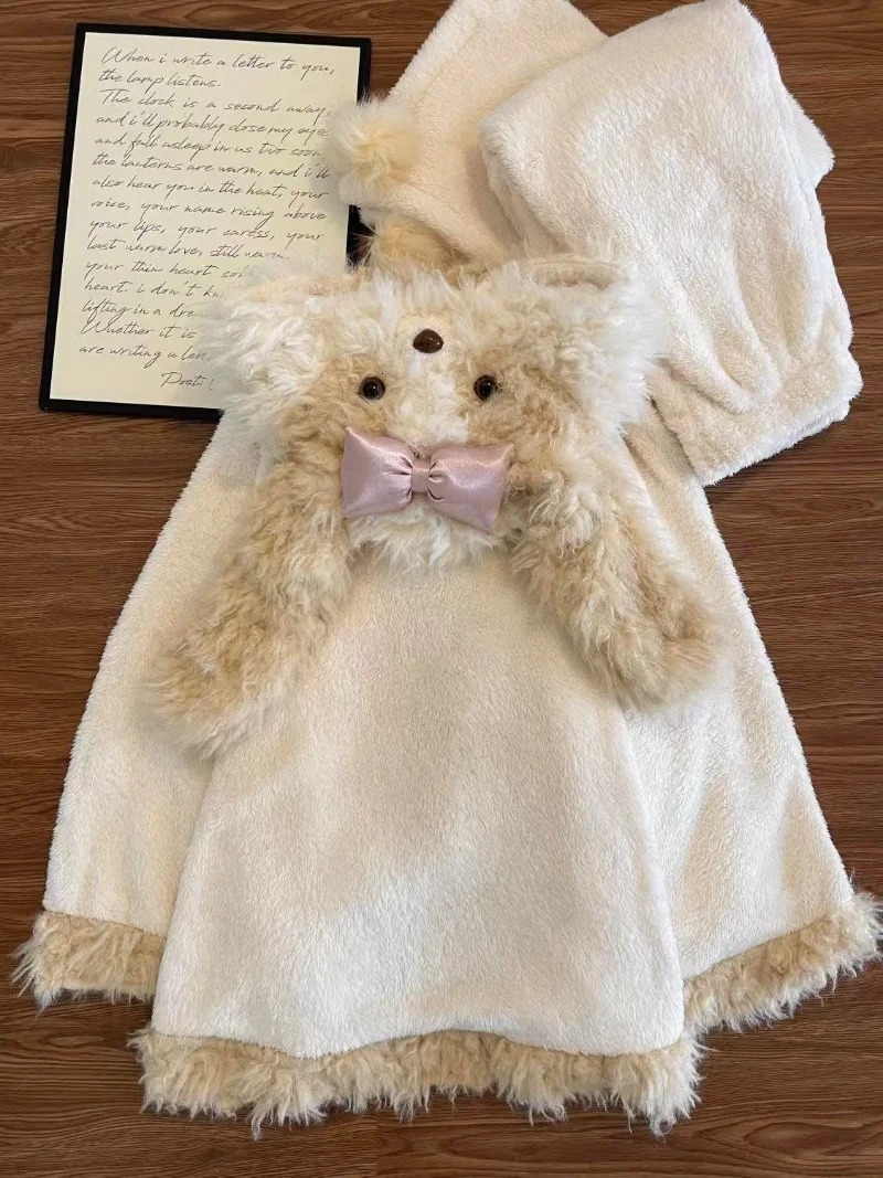 Winter Cute and Sweet Dog Two Piece Women Clothing Hooded Coral Velvet Pajama Home Set Hair Collar Warm Leisure 251027