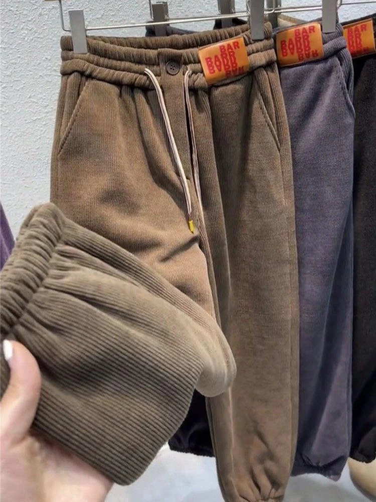 Solid Casual Thicken Women Corduroy Pants Lamb Fleece Padded Cashmere Warm Sweatpants Female Elastic Waist Soft Fur Trousers 251027