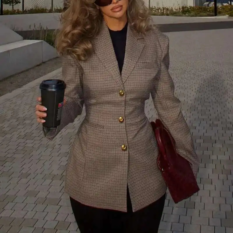 EAEOVNI Womens Fashion Blazer Back Belt Gathered Waist n Single Breasted Slim Jacket Office Lady Spring Clothing 251027