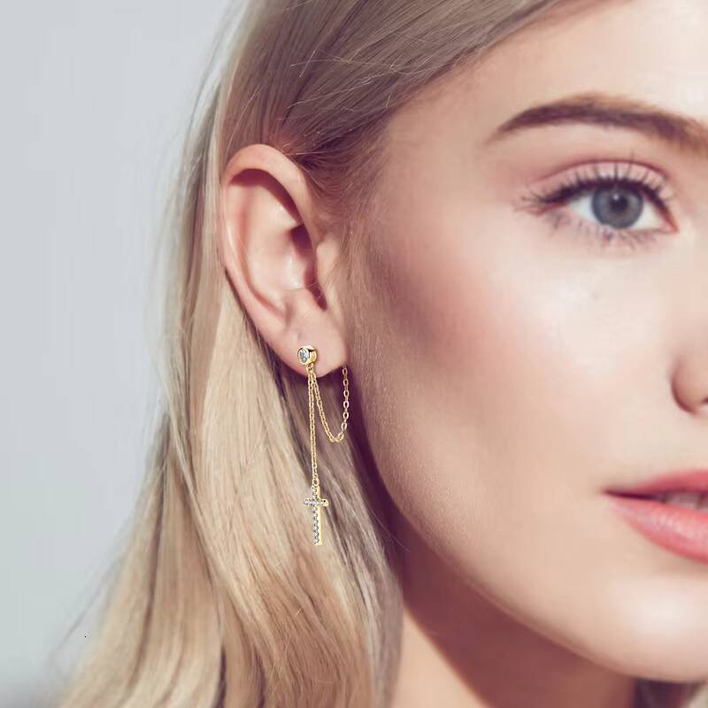 3mm Moissanite Earring 18K Gold Plated 925 Sterling Silver Link Chain Dangle Moissanite Cross Drop Stud Earrings