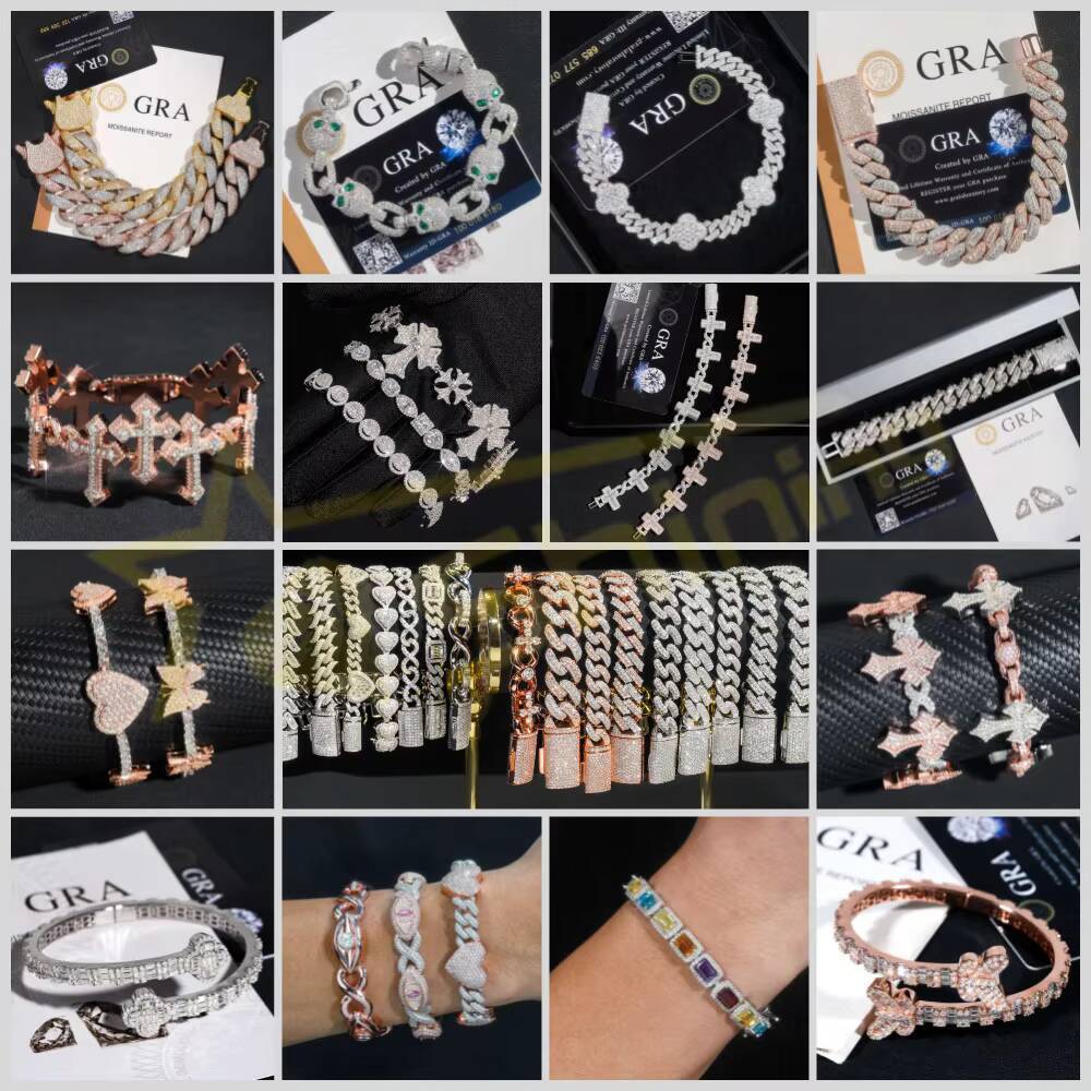 Ready to Ship Factory Wholesale Solid S925 Gold Plated Hip Hop Jewelry Classic Bracelet VVS Moissanite Bangles