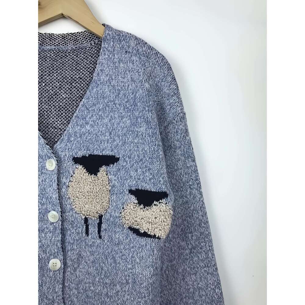 Cozy Cardigan Soft Women's V-Neck Cardigan | Cozy Sheep Print Mid-Stretch Long Sleeve Button Front Relaxed Fit Fall Winter Warm Pullover For Casu