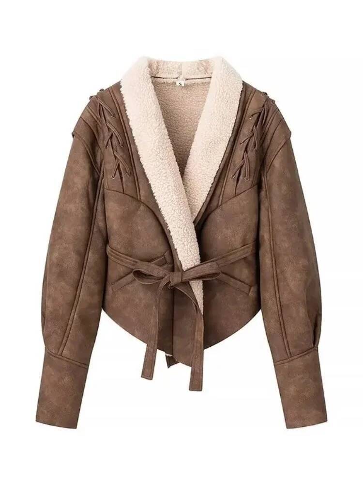 winter jacket women Leather Women's With Belt Fur Coat Streetwear Fashion Solid Outwear Woman Elegant Jackets Chaqueta De Cuero Para Mujer