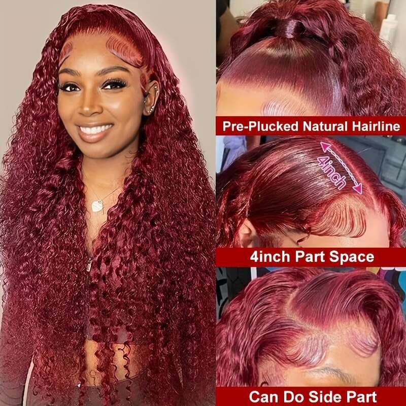 99J# Front 99J Hd Human Hair Wine Red Colored Wave Wig Women 99J Deep 13X4 Lace Frontal Wigs Work, Parties, Vacations, Daily Life For School Start
