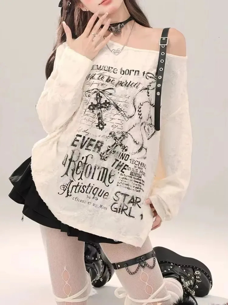 Y2k Gothic Grunge Dark Hollow Out T Shirt Women Harajuku Hollow Out Off Shoulder Sexy Tees Autumn Punk Letter Print Tops 251027