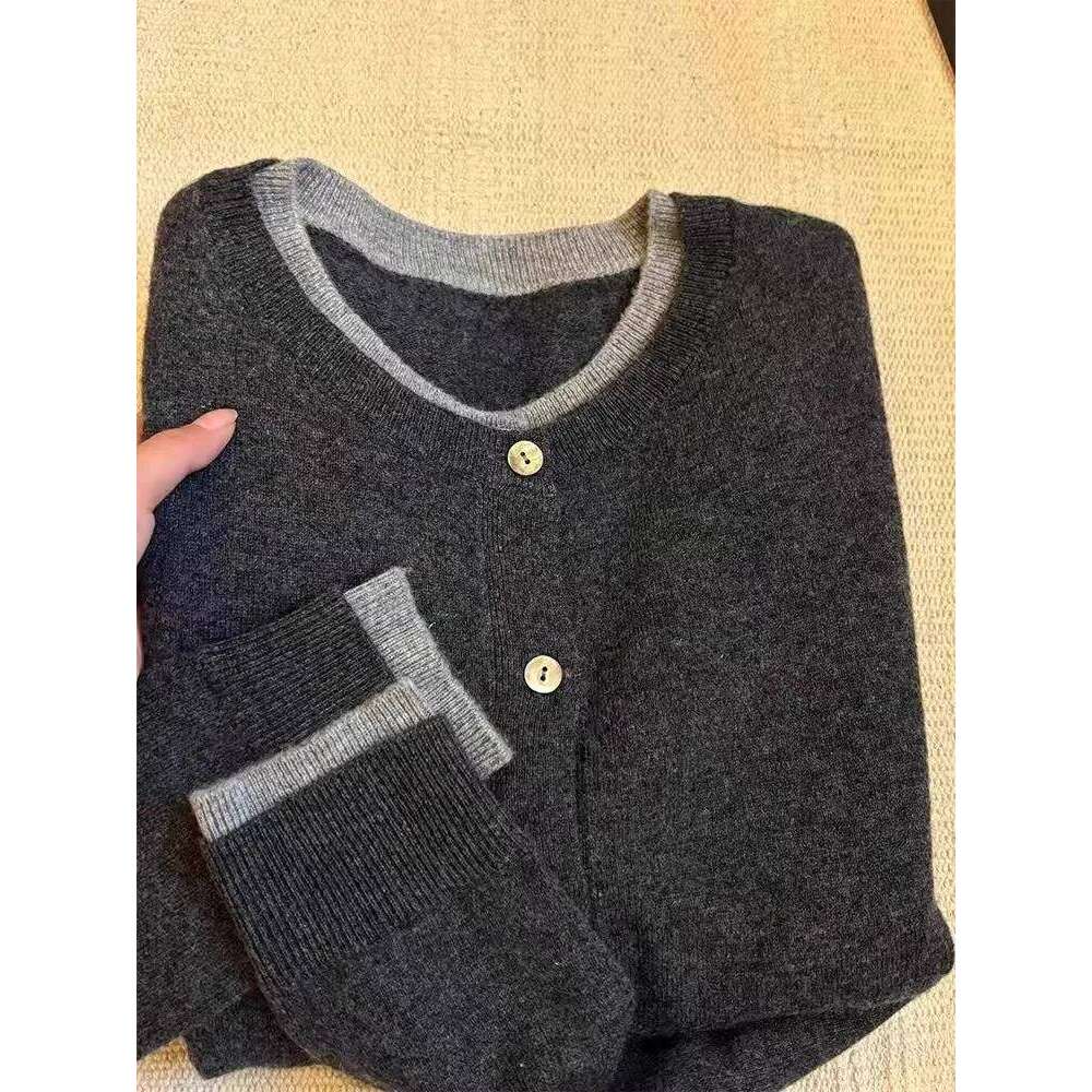 Fake Two 100% Pure Cashmere Sweater Cardigan Dark Grey High-Grade Wool Knit Coat Top Women Sweater Designer Sweater Women