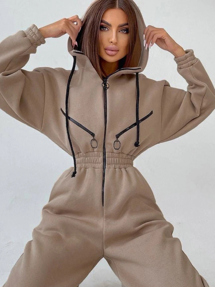 Autumn Womens Monochrome LongSleeved Jumpsuit Solid Color Zipup Sportswear Female Winter Casual Tracksuit Fashionable Hoodies 251027