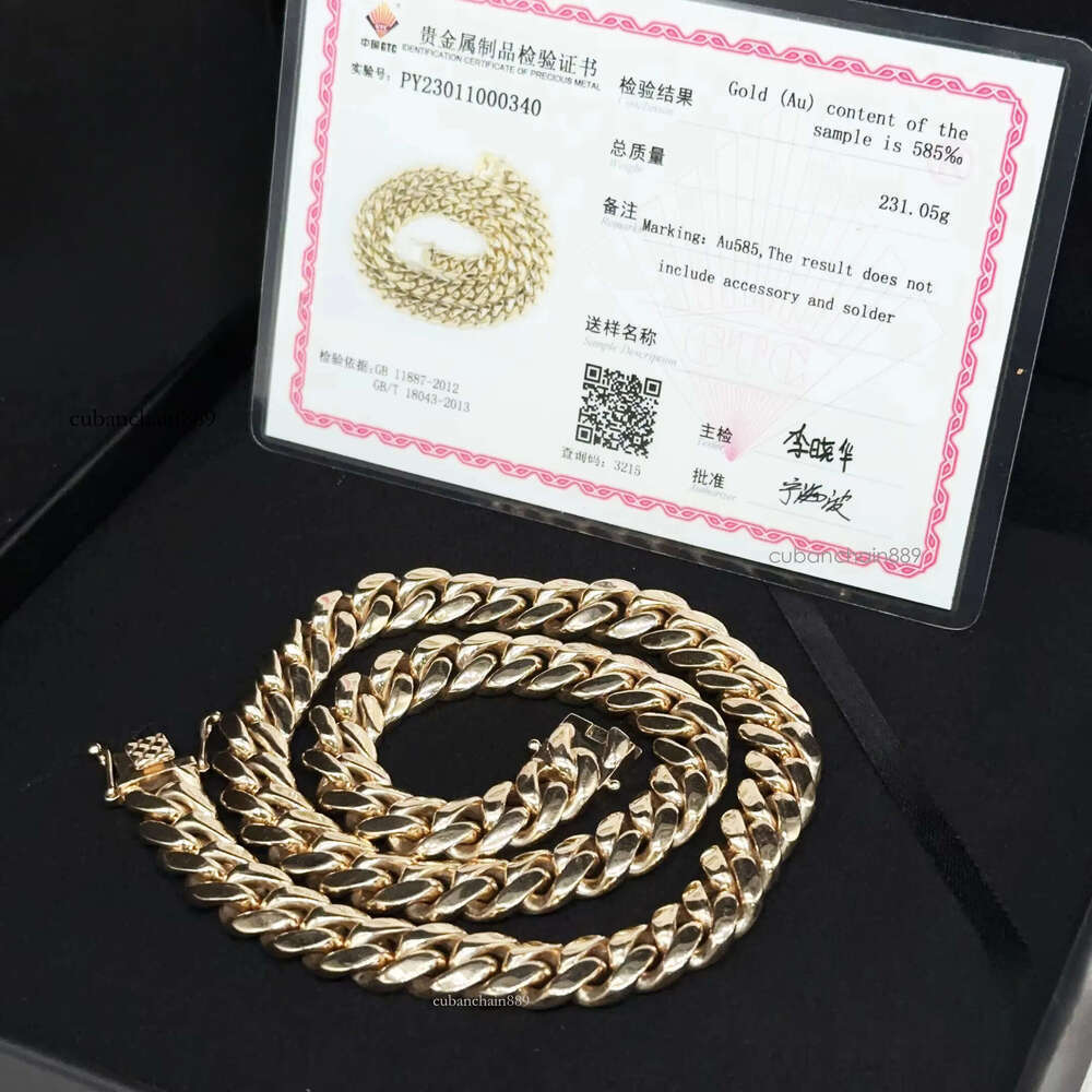 High designer bracelet14k Solid 12mm AU585 Gold Hip Hop Jewelry Rapper Miami Cuban Link Chain Necklace for Men
