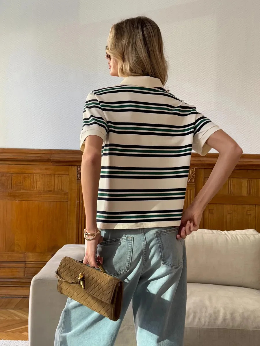 Sumuyoo Womens Retro Striped Polo TShirt Loose Fit Short Sleeve Casual Knitted Shirt Fashionable Summer Top for Ladies 251027