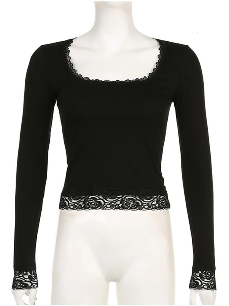 2000s Graphic T Shirt Vintage Fairy Grunge Women Autumn Lace Trim Long Sleeve Slim Fits Tops y2k Clothes Basic Harajuku Tees 251027