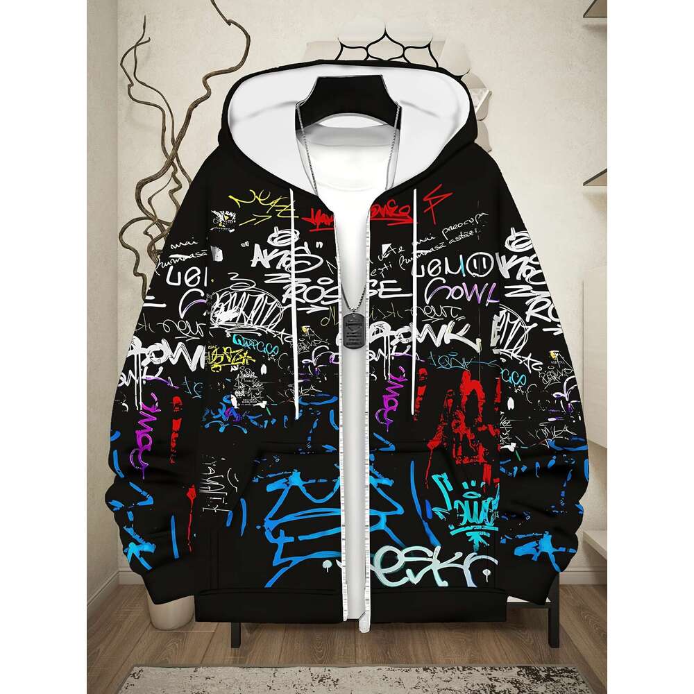 Men's Hooded Zip-Up Sweatshirt With Graffiti Print - Winter Jacket Long Sleeve Casual Sportswear, Regular Fit Hine Washable Urban Streetwear For 