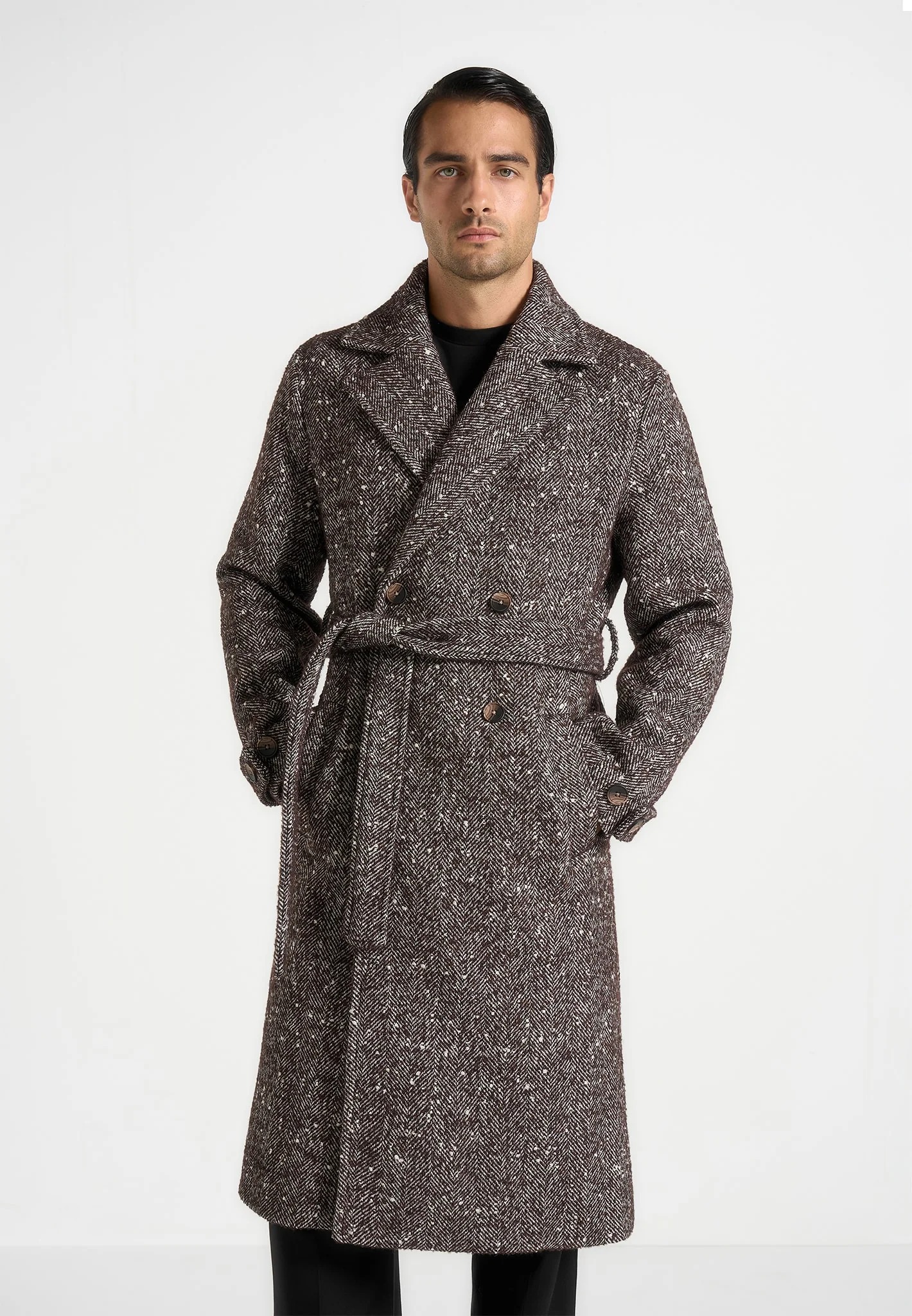 Wool Blend Coat Men Over Jacket with Belt Herringbone Pattern Double Breasted Overcoat Plus Size Warm Formal Business Tailored