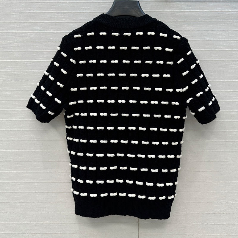 Designer Women's Black White Bow Tie Short Sleeve Pullover Retro Y2K Wool Blend Round Neck Soft Two Colors Luxury High Quality Chic Outerwear Clo