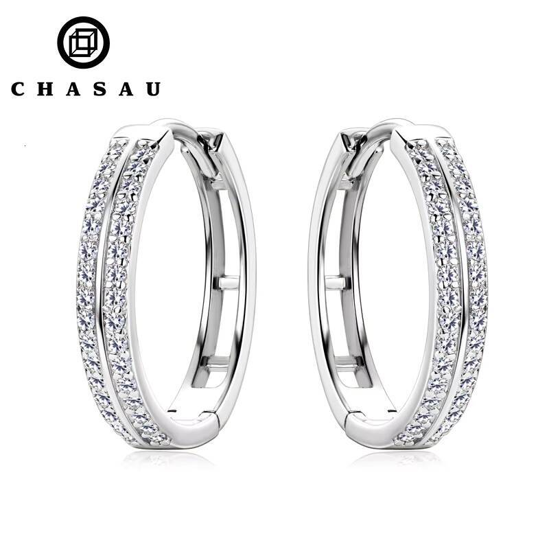 925 Sterling Silver Round Moissanite Piercing Engagement Jewelry Double Row Trend Hoop Earrings for Women