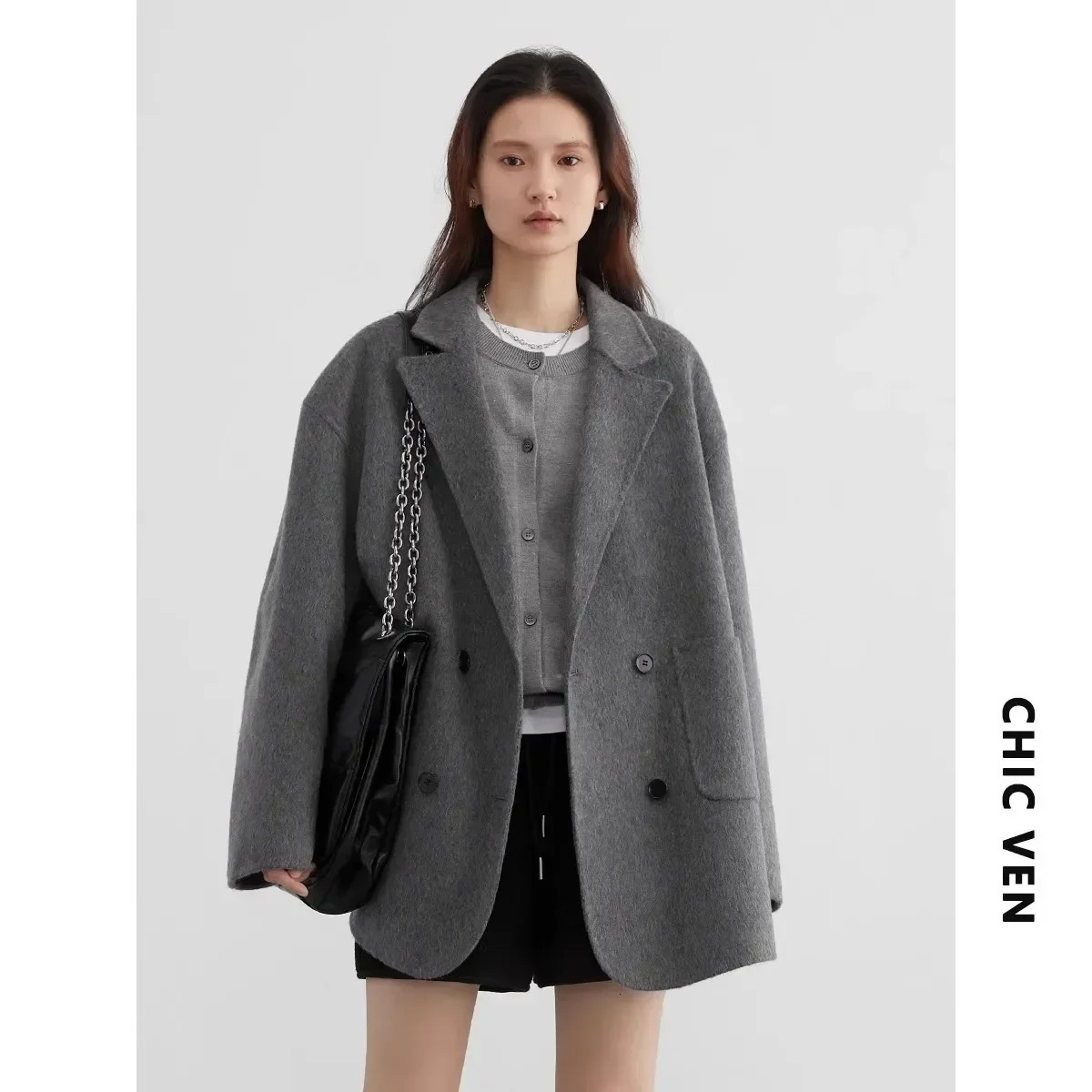 CHIC VEN Womens Woolen Coats Loose Casual Double Breasted Retro Doublesided Jacket Office Lady Outerwear Autumn Winter 251027