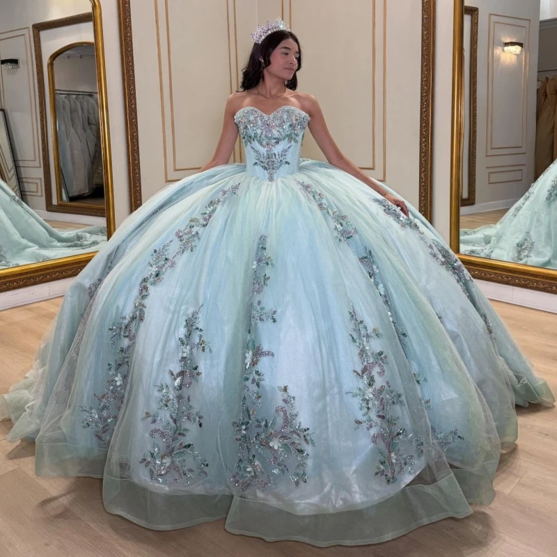 Aqua Blue Quinceanera Dresses Off The Shoulder Sequin Applique Lace Beads Tull Party Birthday Sweet 16 Dress Vestidos 15