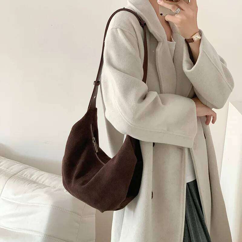 New 2025 Winter Russia Style Camel Deep Red Armpit Underarm Shoulder Matting Suede Cow Leather Female Crossbody Bag