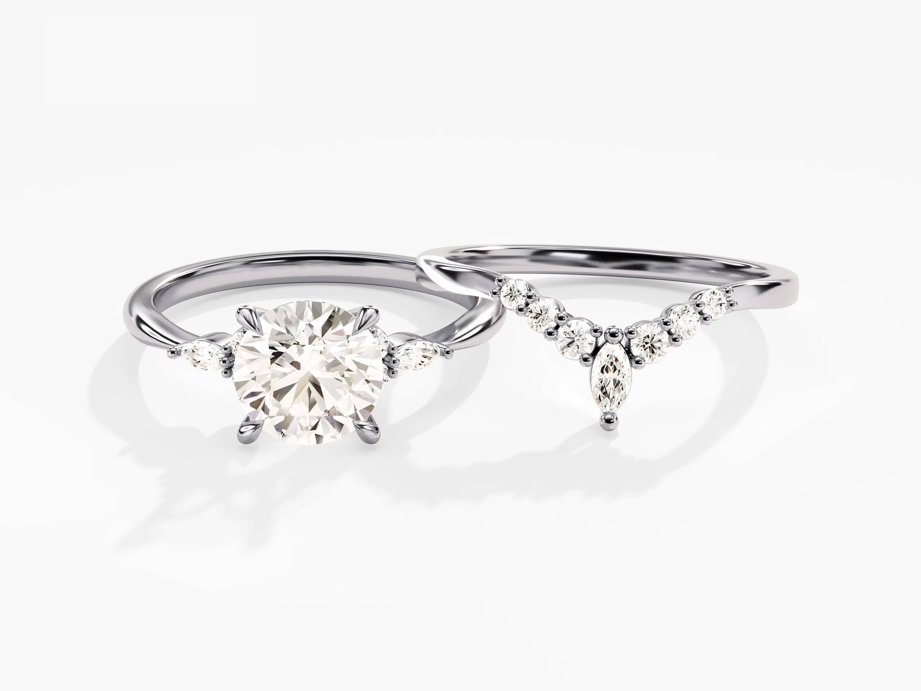 Vintage Diamond Wedding Band Set 14k Gold Curved Accents Diamond Engagement Ring Round Cluster Wedding Ring