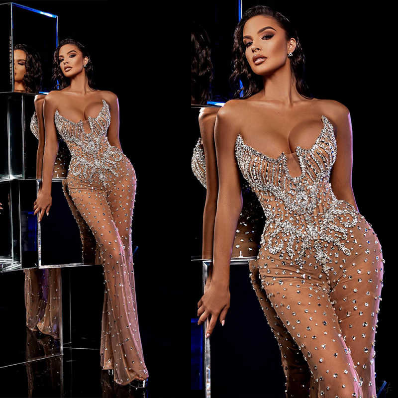 Luxurious Strapless Prom Dresses Beaded Lace Crystal Evening Dress Wide Leg Pants Jumpsuits Celebrity Party Gown