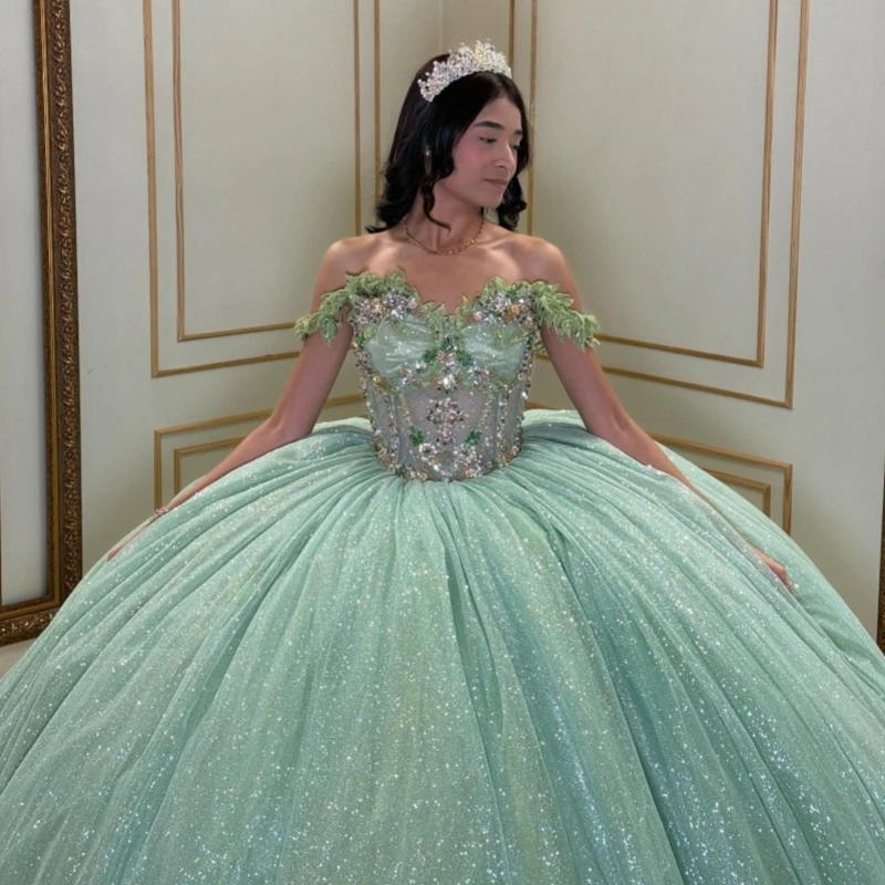 Sage Green Quinceanera Dresses Off The Shoulder Lace Beading Crystal Tull Party Birthday Sweet 16 Dress Vestidos 15 De