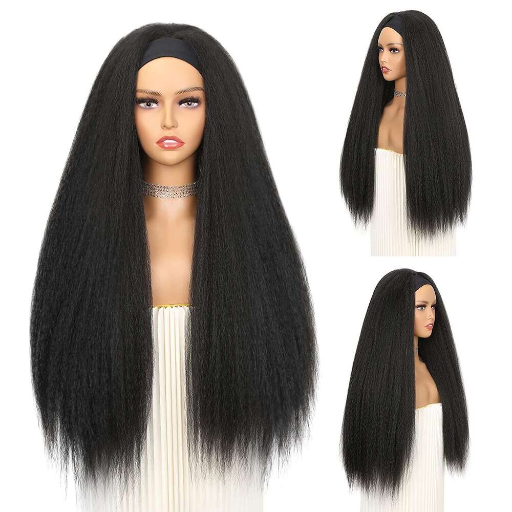 Kinky Headband Women - Synthetic Long Yaki Straight Wigs With Black Headband, Afro Wig For Daily Party, Halloween, Cosplay, Parties, Etc., Party Natur
