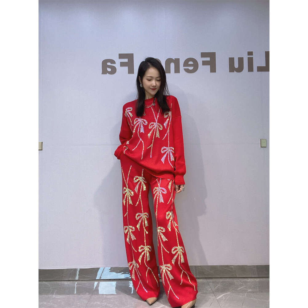 2025 Autumn New Fashion Rhinestone Knitted Two-Piece Set Loose Women's Top Casual Wide-Leg Pants Ladies Long Pants Suit