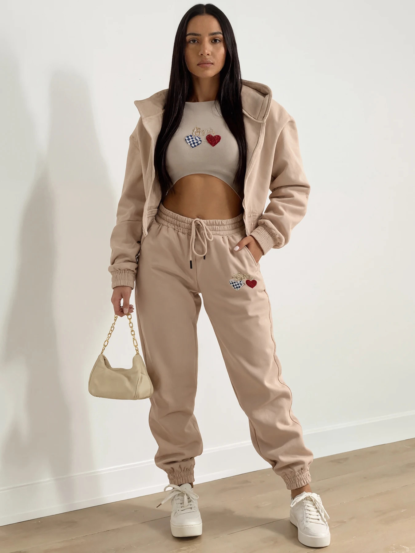 Womens Arrival Fleece Heart Print Sporty Casual ThreePiece Set Machine Washable Suitable for Fall and Winter Seasons 251027